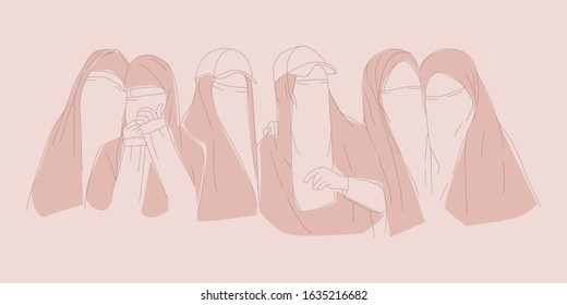 Muslim Woman Wearing Niqab Hijab Friendship Poses in Simple Minimal Linear Style pefect for Logo, Social Media Template, and Wallpaper related business or social media, logo, and wallpaper