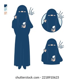 A muslim woman wearing a niqab with Holding a smartphone and anger images.It's vector art so it's easy to edit.