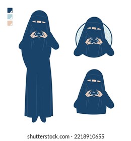 A muslim woman wearing a niqab with making a heart symbol by hand images.It's vector art so it's easy to edit.