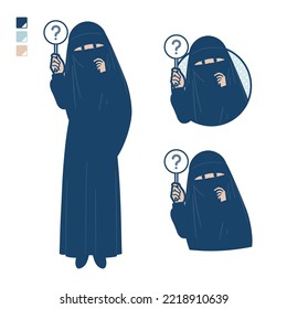 A muslim woman wearing a niqab with Put out a question panel images.It's vector art so it's easy to edit.