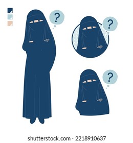 A muslim woman wearing a niqab with Question images.It's vector art so it's easy to edit.