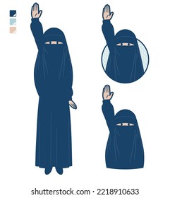 A muslim woman wearing a niqab with raise hand images.It's vector art so it's easy to edit.