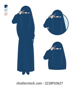 A muslim woman wearing a niqab with salute images.It's vector art so it's easy to edit.