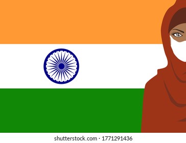 There’s a muslim woman wearing a protective mask to avoiding PM2.5 and viruses or illness. They’re standing in front of the India flag.