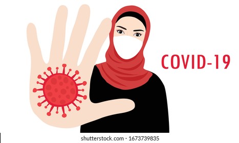 Muslim woman wearing surgical mask to protect COVID-19 and raise hand with COVID-19 coronavirus disease sign vector illustration.  