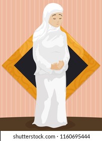 Muslim woman wearing white clothes or ihram during Hajj celebration over golden and black diamond.