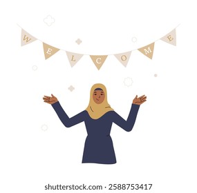 Muslim Woman Welcoming Guests With Decorative Banner In Flat Vector Illustration Symbolizing Hospitality, Warm Greeting, And Community Celebration, Isolated On White Background