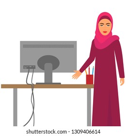 muslim woman at work, vector arab business character at desk in office using computer, saudi cartoon businesswoman