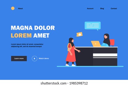 Muslim woman working on laptop and talking with girl. Mom, kid, computer flat vector illustration. Family and communication concept for banner, website design or landing web page