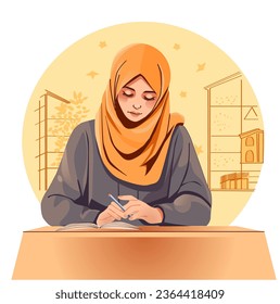 Muslim woman writes in a notebook. Vector illustration in a flat style