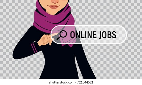 Muslim woman is writing ONLINE JOB in search bar on virtual screen. Woman searches job. Online recruitment service. Vector illustration on transparent background.