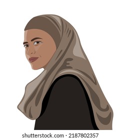 Muslim woman. Young arab woman. Smiling girl. Arabic muslim woman vector image. Muslim woman with beige and black hijab. Beautiful muslim female isolated on white. 