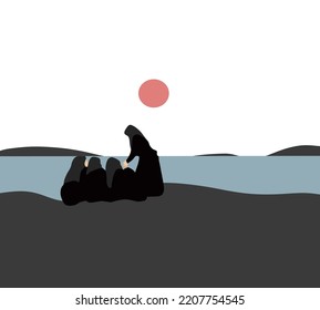 Muslim  women in black hijab tradition clothing sitting and talking on the beach. Friendship and relationship concept.