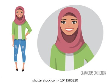 Muslim Women Character Is Happy And Smiling. Muslim Young Woman Wearing Hijab.