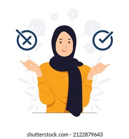 Muslim women choose between right or left, yes or no, Business decisions, ethical dilemma, choice, undecided concept illustration