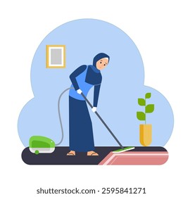 Muslim women are cleaning the room with a vacuum cleaner. Housewives wearing hijab cleaning the house