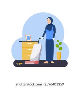 Muslim women are cleaning the room with a vacuum cleaner. Housewives wearing hijab cleaning the house