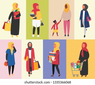 Muslim women in daily life routine. Hijab woman lifestyle. Vector illustration.