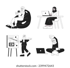 Muslim women daily lives black and white cartoon flat illustration set. Working relaxing hijab linear 2D characters isolated. Beanbag phone, fitness home monochromatic scenes vector image collection