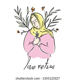 Muslim women embrace plants, love flowers and care about nature. Hand drawing illustration. Vector illustration