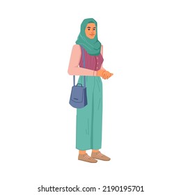 Muslim women in fashionable cloth, hijab or headscarf isolated flat cartoon people. Vector fashion lady from middle east, uae or turkish woman in national and casual cloth, arab emirates female