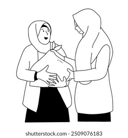 Muslim women giving alms handdrawn illustration