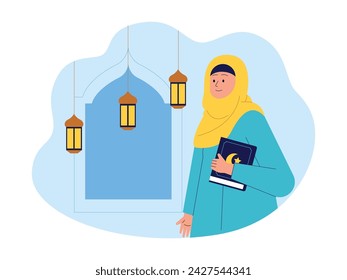 Muslim women go to the mosque to recite the Qur'an, Muslim vector illustration.