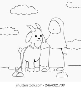 muslim women and goats coloring page for kids, eid al adha coloring page