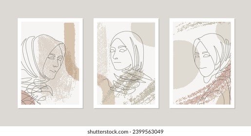 Muslim Women in Hijab, Wall Art, Card set or Posters with abstract Arabic female portraits, Line Art Illustration. Blush pink. Vector illustration