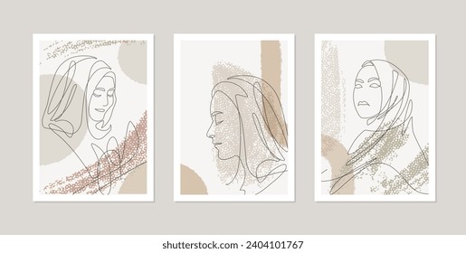 Mujeres musulmanas con hijab, arte en las paredes, juego de tarjetas o afiches con retratos abstractos de mujeres árabes, Ilustración de arte en línea. Color rosa rubor. Ilustración del vector