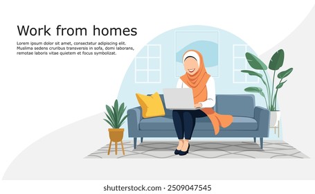 Muslim women with hijab working at home office. Character Sitting at Sofa. Online education or work from home concept. Vector illustration.