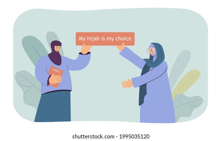 Muslim women in hijabs holding banner together. Female characters in traditional Arab clothes flat vector illustration. Lifestyle, religion concept for banner, website design or landing web page
