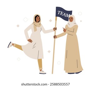 Muslim Women Holding Team Flag In Flat Vector Illustration Symbolizing Teamwork, Leadership, And Female Empowerment, Isolated On White Background