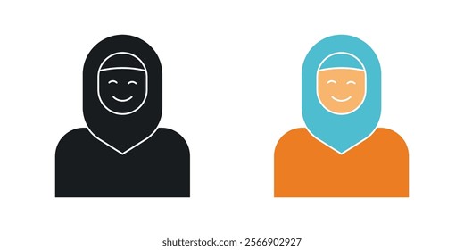 Muslim women icon set in black and colored