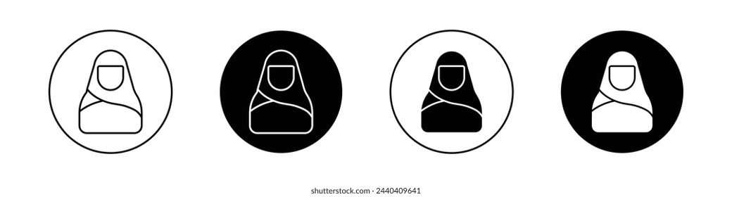 Muslim women icon set. veiled islamic woman vector symbol. arabic young girl with scarf pictogram. emirates women abaya dress linear icon.