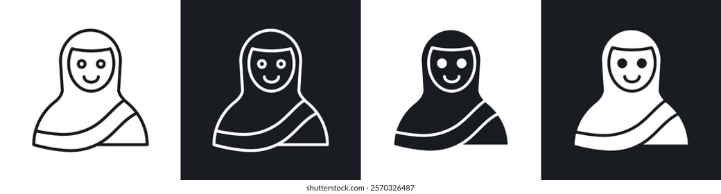 Muslim women icons vectors set in black. line and flat versions