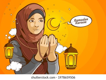 Muslim women, islamic female wearing hijab while raised hands and praying for Allah God in Ramadan Kareem holy month, comic illustration.