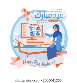 Muslim women make video calls with friends and family on computer. Celebrate Eid al-Fitr online. Happy Eid Mubarak concept. Flat vector illustration.