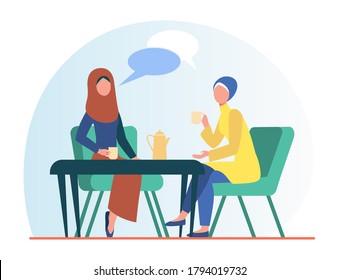 Muslim Women Meeting In Arabic Coffee Shop. Female Friends Wearing Hijab Drinking Coffee Flat Vector Illustration. Friendship, Communication Concept For Banner, Website Design Or Landing Web Page