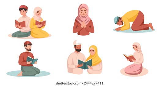 Muslim women and Muslim men pray. They read the Koran. Ramadan