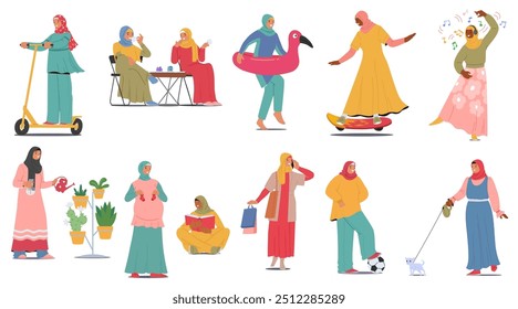 Mujeres Musulmanas Participando En Varias Actividades De Estilo De Vida. Personajes Montando En Scooter, Patinando, Regando Plantas, Comprando, Leyendo, Bailando Y Paseando A Un Perro. Ilustración vectorial de Personas de dibujos animados