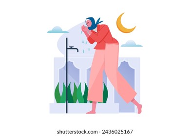 Muslim women perform ablution before prayer vector Illustration