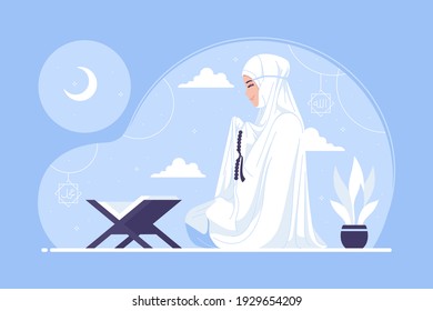 Muslim Women Praying Cartoon Character Illustration