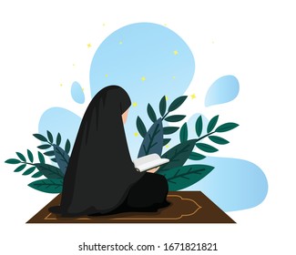 Muslim Women Read Quran, Elegant Flat Illustration, Suitable For Education, Ramadan, Happy Iftar and Eid Al Fitr, Modern Islamic Poster Design