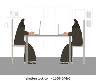 Muslim women sitting with computer.  Two muslim business ladies wearing hijab working at home or in office. Business female characters using laptop at the desk. Flat cartoon vector illustration.