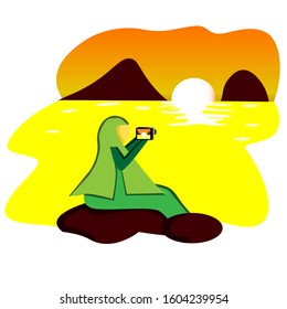 Muslim women take a picture of sunset with camera at beach. Islamic flat design illustration for landing page concept. Woman and green hijab when summer. Holiday celebration. 