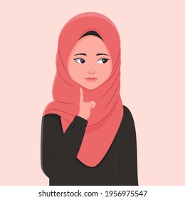 Muslim women are thinking. with one hand raised as if knowing what was about to be done. Vector illustration in cartoon style