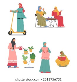 Mujeres Musulmanas Con Ropa Tradicional Participando En Diferentes Actividades De Estilo De Vida Como Montar En Scooter, Socializar, Jardinería Y Lectura. Caricatura Ilustración vectorial De La Vida Cotidiana Y Las Prácticas Culturales