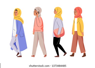 Muslim women walking in line. Flat people characters. Hijab islamic fashion. Woman right vector illustration.