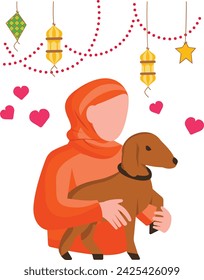 Muslim women wearing hijab and  Holding cute Goat Concept, Village Girl Cuddling Small Sheep Vector Design, Eid al-Adha Eid-ul-Kabir Symbol, Hajj Sign, Muslims religious Festival Stock illustration